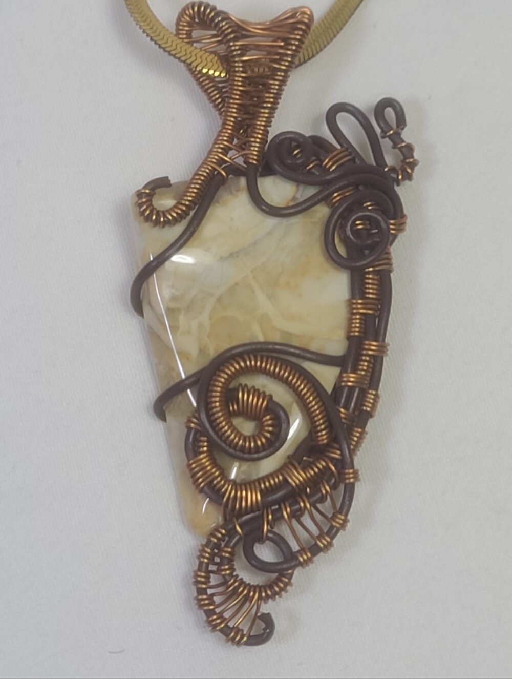 Handcrafted Copper Wire-Wrapped Cream Jasper Pendant Necklace